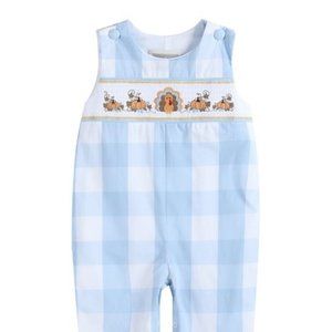Lil Cactus | Large Blue Buffalo Check Turkey & Pumpkin Smocked Overalls - Infant